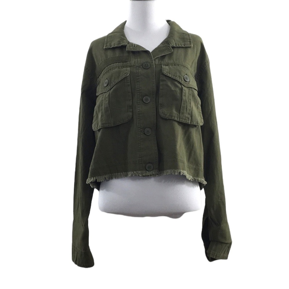 Aeropostale Olive Green Cargo Cropped Jacket Womens Large Boxy 100% Cotton